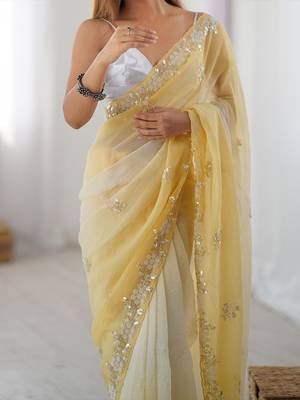 yellow embellished beads and stones chiffon saree 4