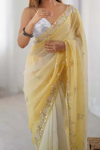 yellow embellished beads and stones chiffon saree