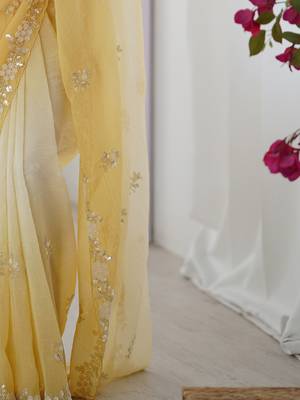yellow embellished beads and stones chiffon saree 5