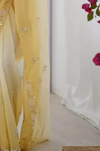 yellow embellished beads and stones chiffon saree