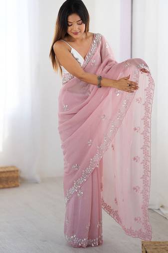 mauve embellished beads and stones chiffon saree