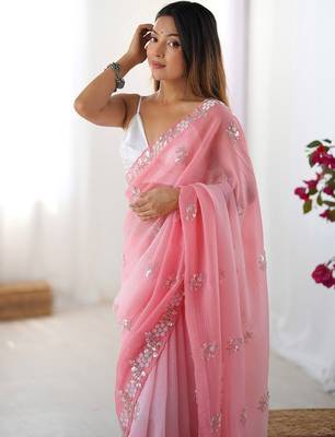 pink embellished beads and stones chiffon saree 1