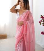 pink embellished beads and stones chiffon saree