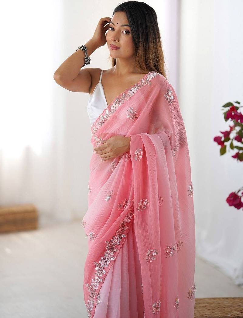 pink embellished beads and stones chiffon saree