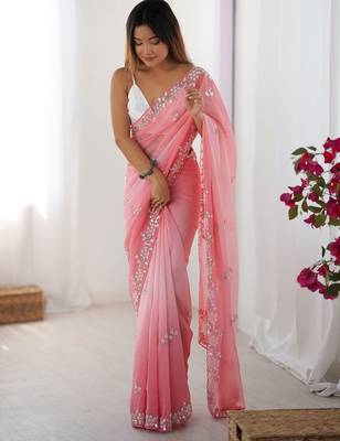 pink embellished beads and stones chiffon saree 2