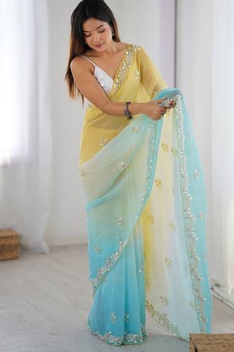 yellow embellished beads and stones chiffon designer saree