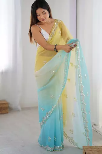 yellow embellished beads and stones chiffon designer saree