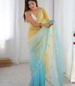 yellow embellished beads and stones chiffon designer saree