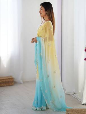 yellow embellished beads and stones chiffon designer saree 2