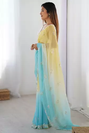 yellow embellished beads and stones chiffon designer saree
