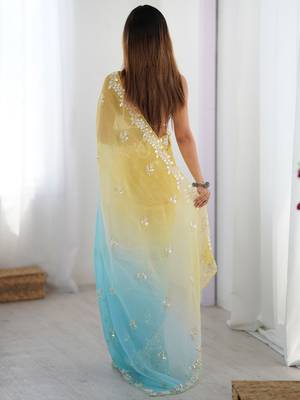 yellow embellished beads and stones chiffon designer saree 3