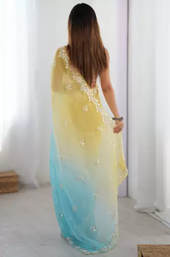 yellow embellished beads and stones chiffon designer saree