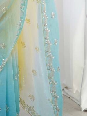 yellow embellished beads and stones chiffon designer saree 5