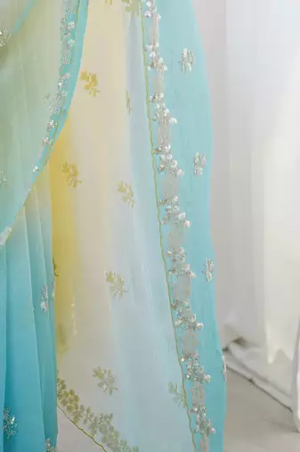 yellow embellished beads and stones chiffon designer saree