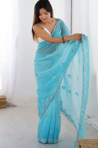 blue embellished beads and stones chiffon designer saree