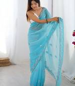 blue embellished beads and stones chiffon designer saree