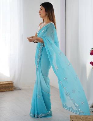 blue embellished beads and stones chiffon designer saree 2