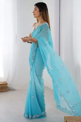 blue embellished beads and stones chiffon designer saree