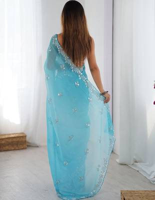 blue embellished beads and stones chiffon designer saree 3