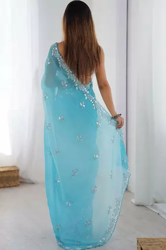 blue embellished beads and stones chiffon designer saree