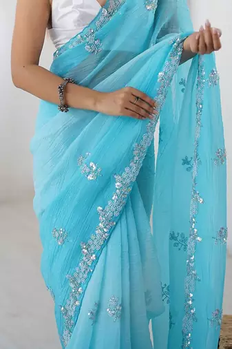 blue embellished beads and stones chiffon designer saree