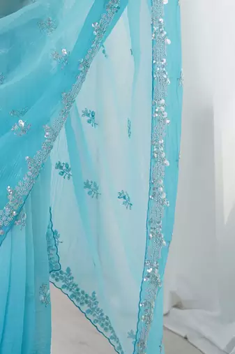blue embellished beads and stones chiffon designer saree