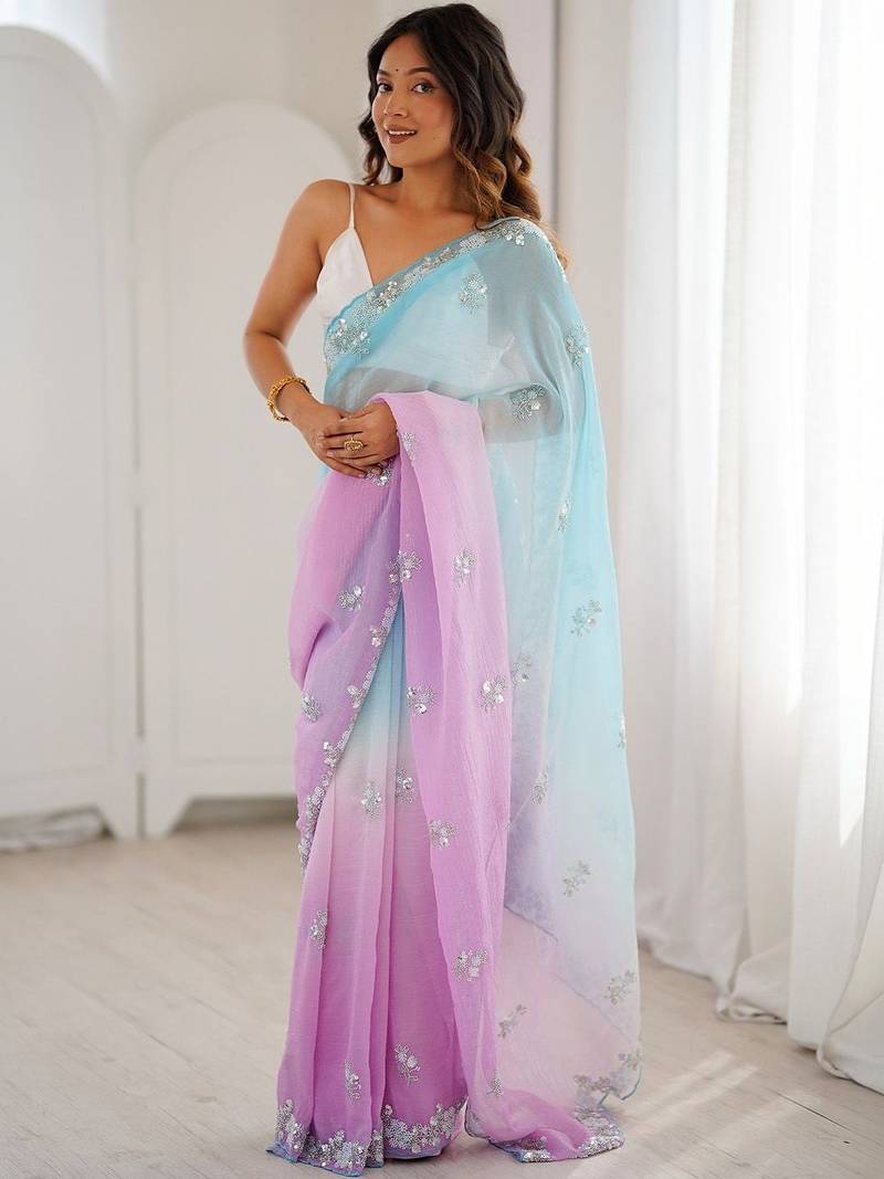 multicolor embellished sequinned poly chiffon saree