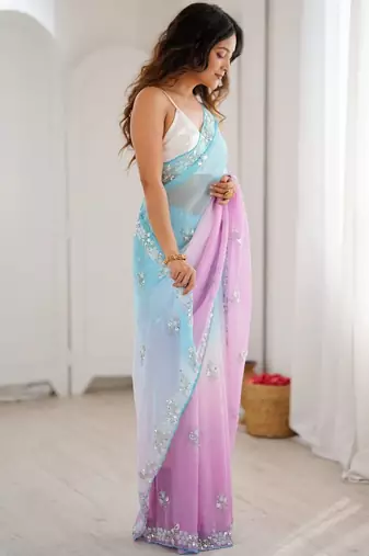 multicolor embellished sequinned poly chiffon saree