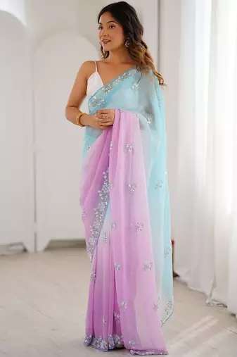 multicolor embellished sequinned poly chiffon saree