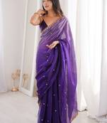 purple women purple embellished zari satin designer saree with unstiched blouse