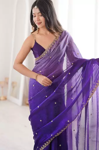purple women purple embellished zari satin designer saree with unstiched blouse