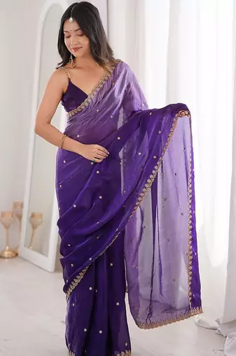 purple women purple embellished zari satin designer saree with unstiched blouse