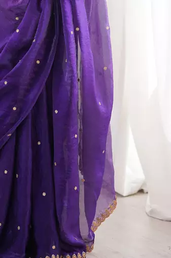 purple women purple embellished zari satin designer saree with unstiched blouse