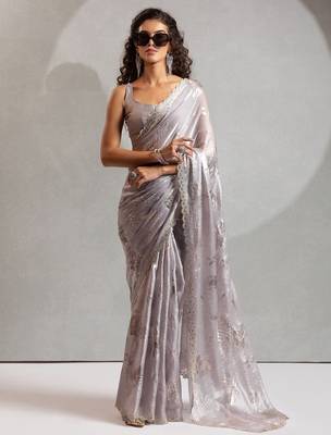 grey embellished beads and stones satin designer saree 1