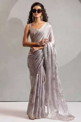 grey embellished beads and stones satin designer saree