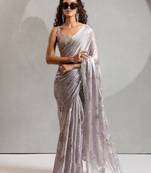 grey embellished beads and stones satin designer saree