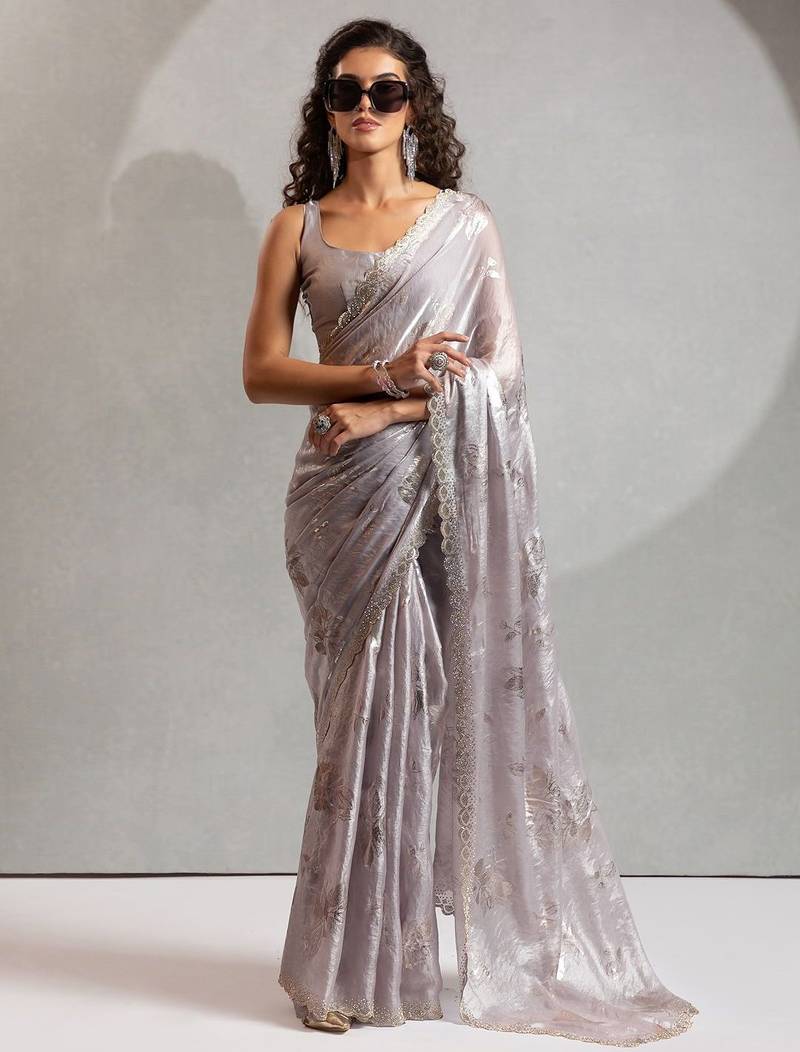 grey embellished beads and stones satin designer saree