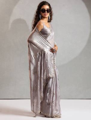 grey embellished beads and stones satin designer saree 2