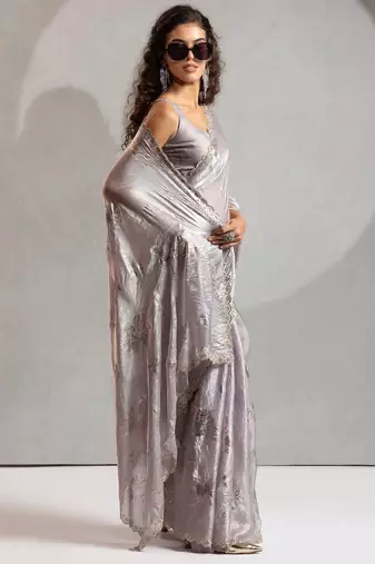 grey embellished beads and stones satin designer saree