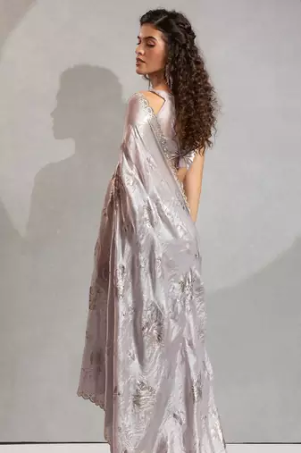 grey embellished beads and stones satin designer saree
