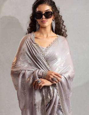 grey embellished beads and stones satin designer saree 4