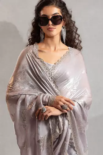 grey embellished beads and stones satin designer saree