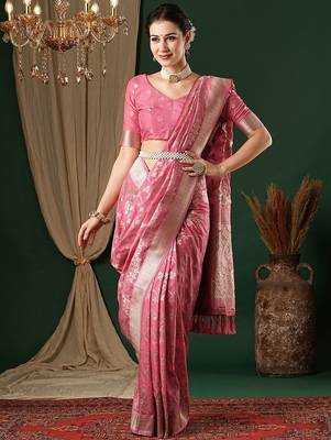 pink ethnic motifs zari georgette kanjeevaram saree 1