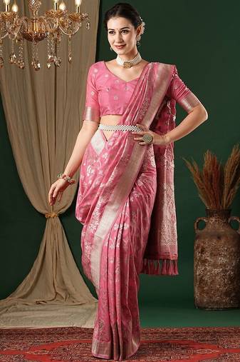 pink ethnic motifs zari georgette kanjeevaram saree