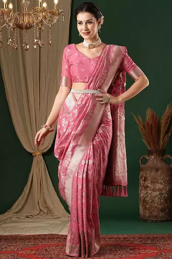 pink ethnic motifs zari georgette kanjeevaram saree