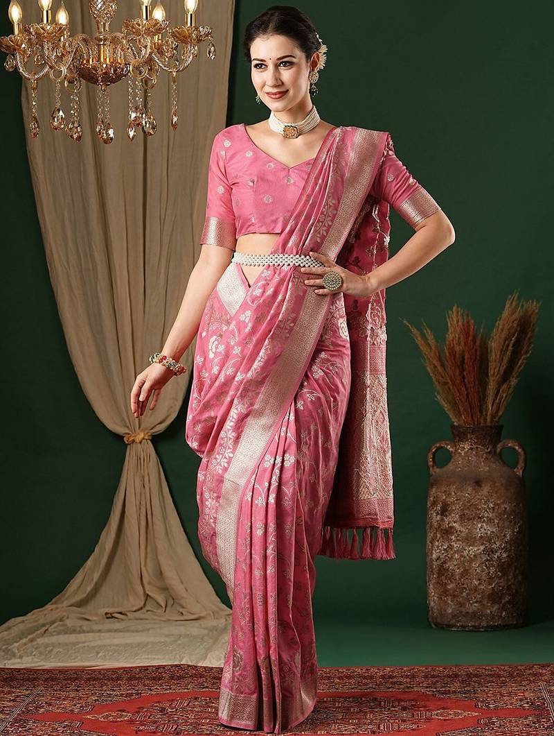 pink ethnic motifs zari georgette kanjeevaram saree