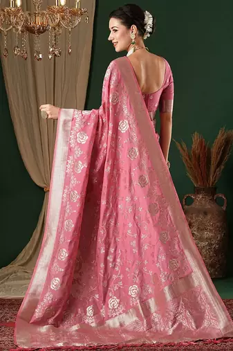 pink ethnic motifs zari georgette kanjeevaram saree