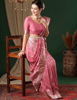 pink ethnic motifs zari georgette kanjeevaram saree 3