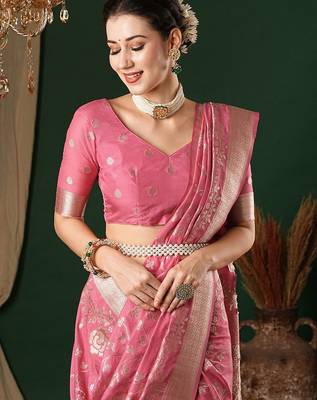 pink ethnic motifs zari georgette kanjeevaram saree 4