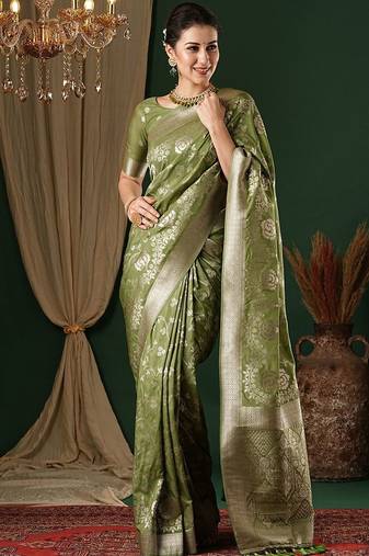 olive ethnic motifs zari georgette kanjeevaram saree